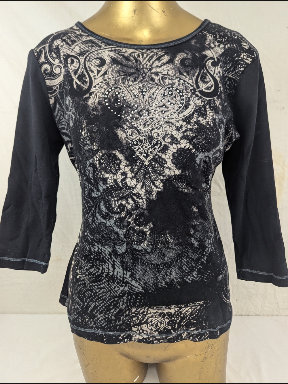 Blue Canyon Black Embellished Blouse 3/4 Sleeve Size Large